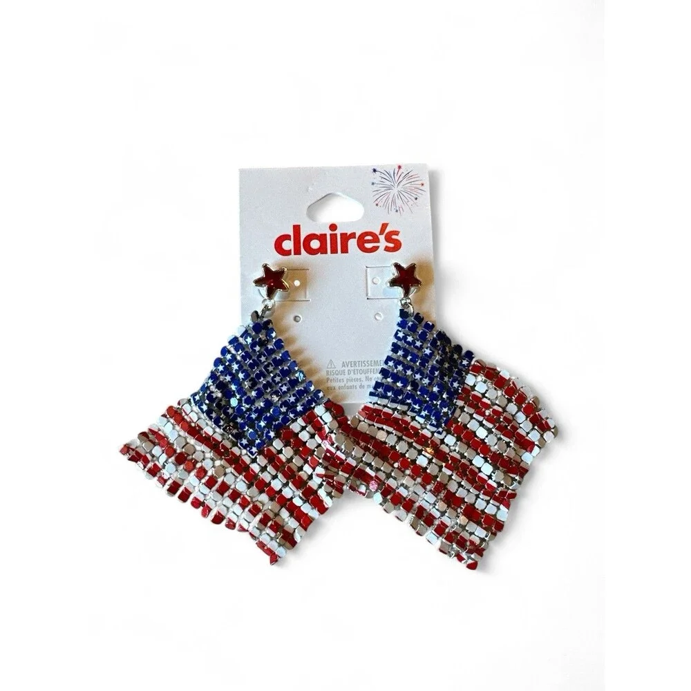 NWT Lot 3 Claire's Patriotic 4th of July Earrings 6 Necklaces Hair Bow NEW